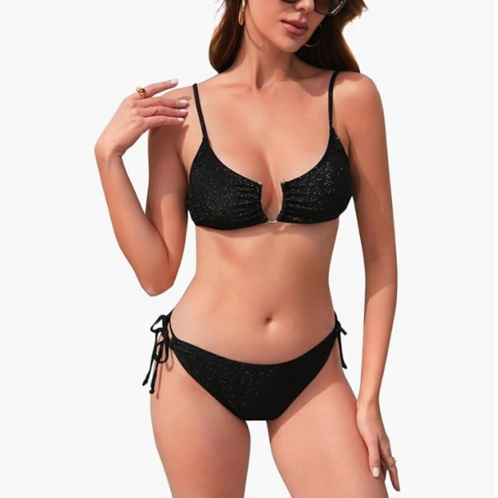 NWT Women's Black Shiny Bikini Set Size Medium